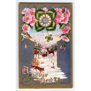 Vintage Joyous New Year Postcard Pink Flowers Winter Deer Scene